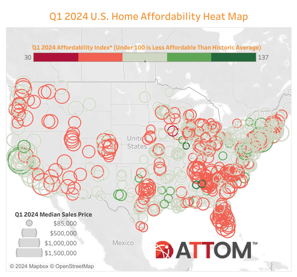 ATTOM Q1 2024 U.S. Home Affordability Heat Map