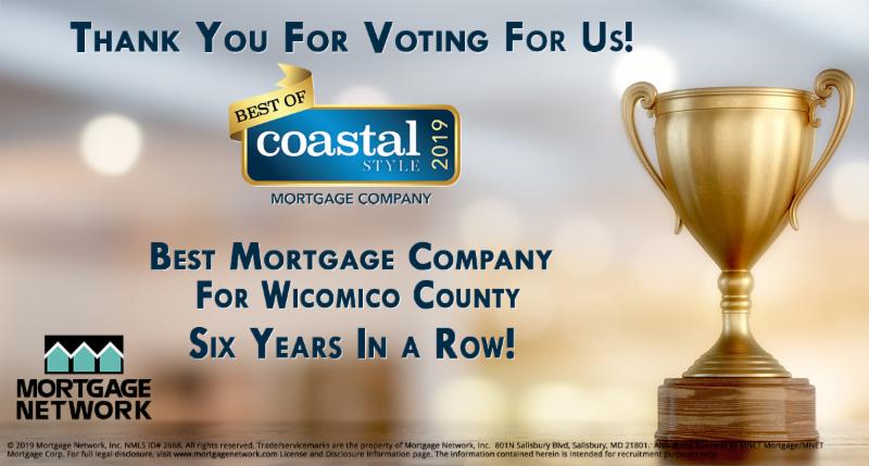 Mortgage Network Inc. has been named Coastal Style Magazine's “Best Mortgage Company in Wicomico County, Maryland for 2019