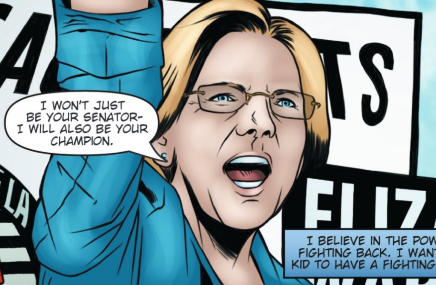 Move over, Wonder Woman! Get lost, Batgirl! There’s a new lady in the comic book orbit that is working to thwart villains and preserve justice: Sen. Elizabeth Warren (D-MA)