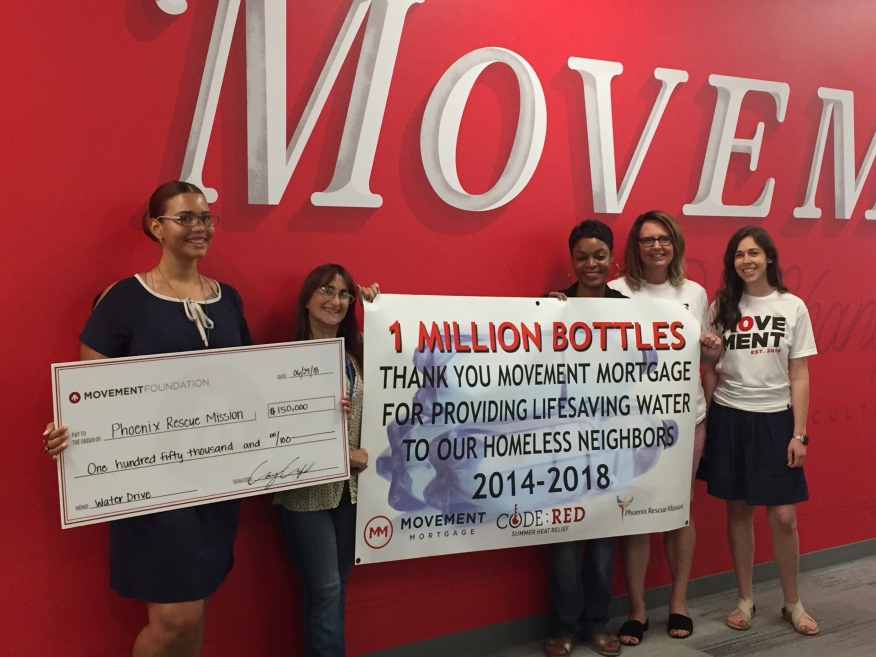 Movement Mortgage and its employees have donated more than one million bottles of water for the homeless since its Annual Water Drive began in 2014, the company has announced