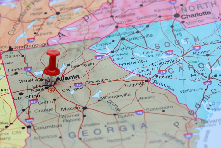 Photo of pinned Atlanta on a map of USA. May be used as illustration for traveling theme (Photo credit: Getty Images/dk_photos)