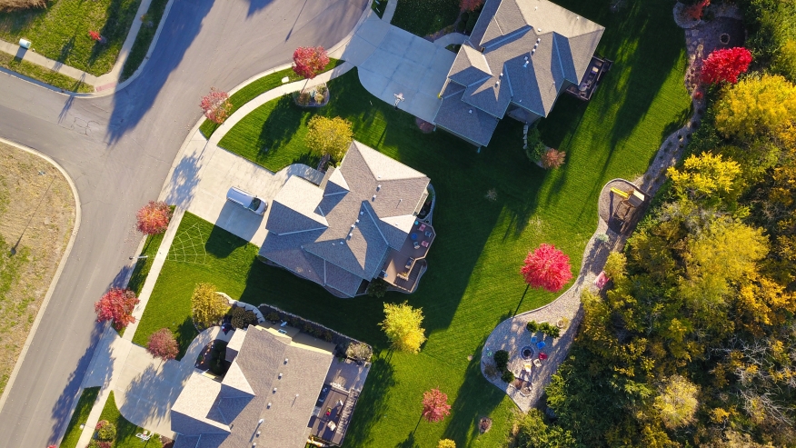 Aerial view of a suburban neighborhood. 