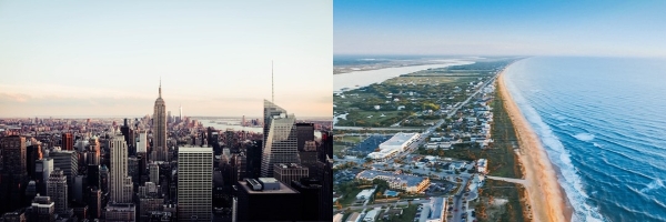 Photo of New York City next to a photo of St. Augustine, Florida
