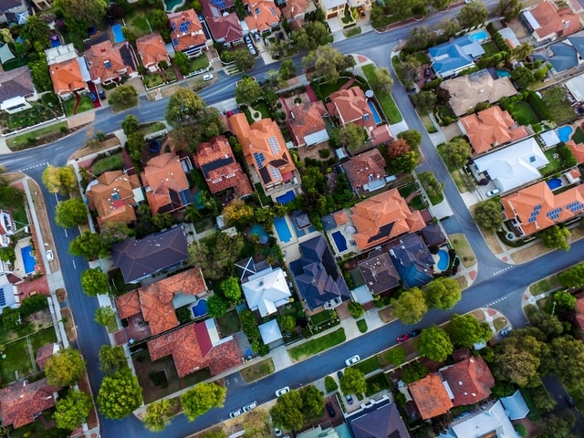 Aerial view of a suburban neighborhood. 