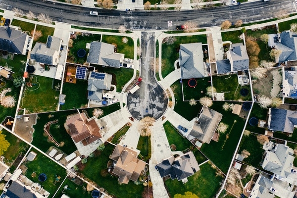 Aerial view of a suburban neighborhood. 