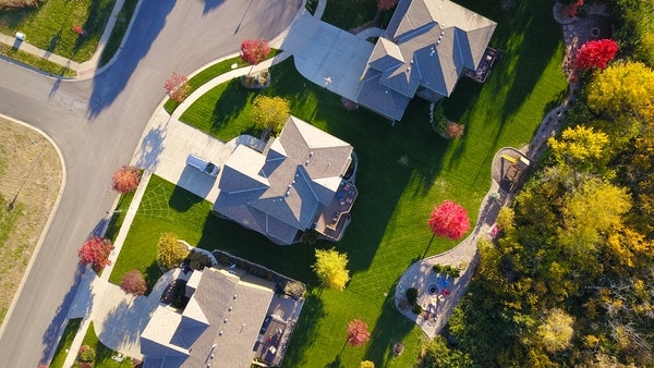 Aerial view of a suburban neighborhood. 