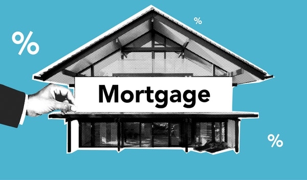Digital photo of a house, the word mortgage, a hand and percentage symbols.