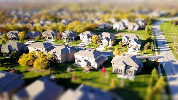 Aerial view of a suburban neighborhood. 