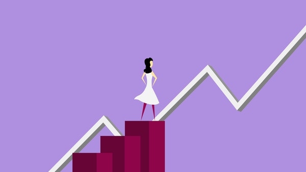 Animated woman standing on a chart and staring at an increasing line.