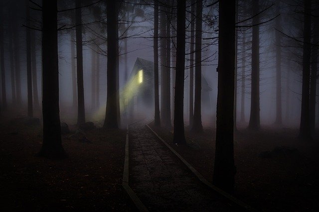 Photo of a spooky house in the woods.