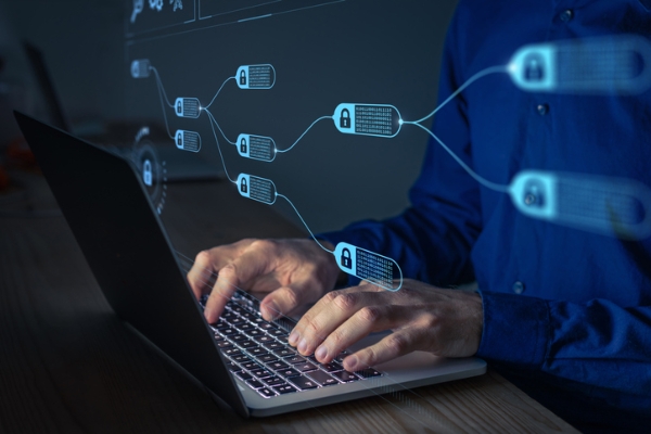 Photo of a person using a laptop and going through blockchain tech. Credit: iStockphoto.com/NicoElNino.