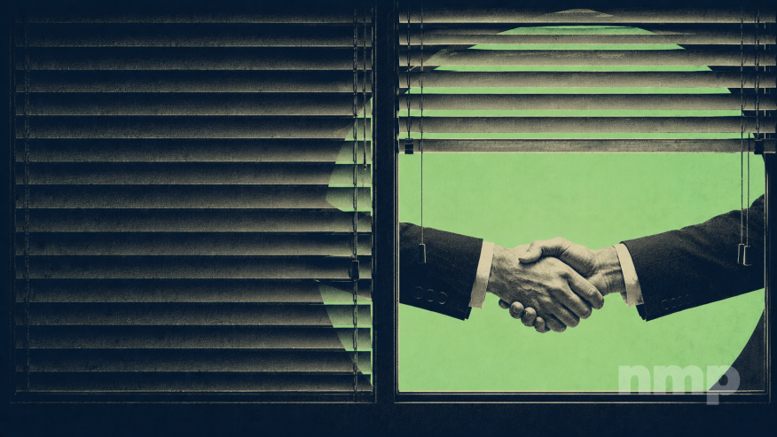 A graphic of a handshake behind a window with blinds.