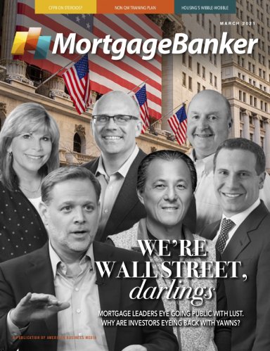 A group of mortgage executives are arranged in front of Wall Street for the March 2021 cover of Mortgage Banker Magazine