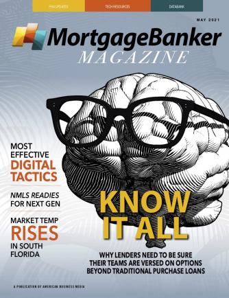 An illustration of a brain wearing glasses adorns the cover of Mortgage Banker Magazine's May 2021 edition, "Know It All"