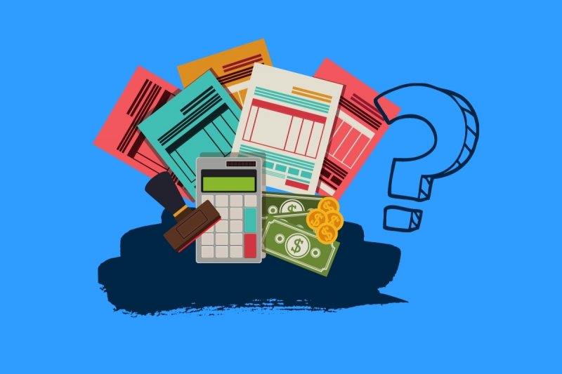 various financial documents arrayed over a blue background with a question mark