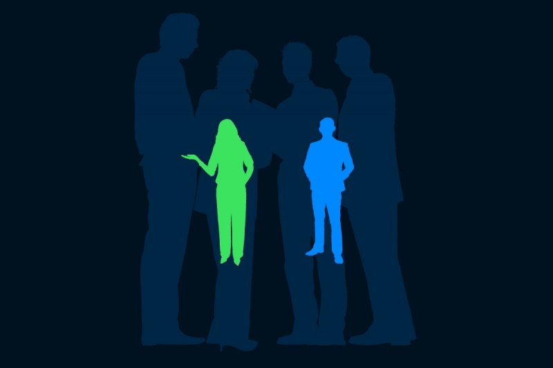 A bright green and bright blue human silhouette stand superimposed on a silhouetted crowd.
