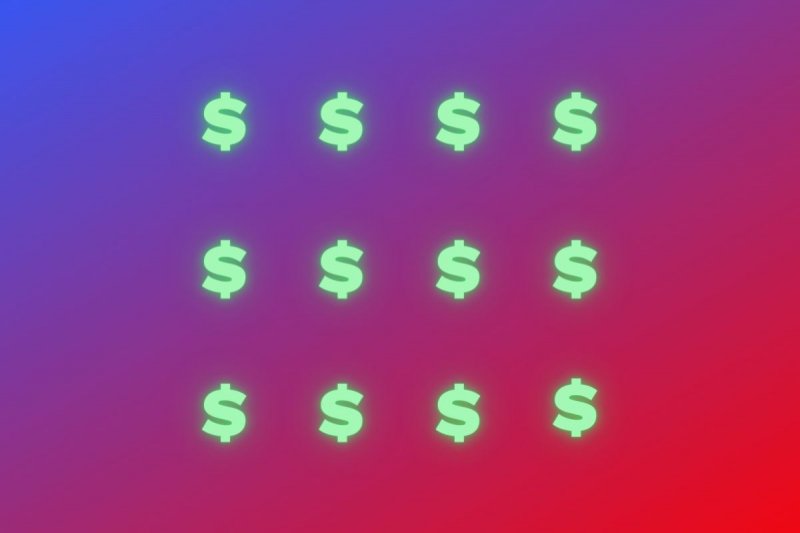 Dollar signs arrayed over a red-blue gradient
