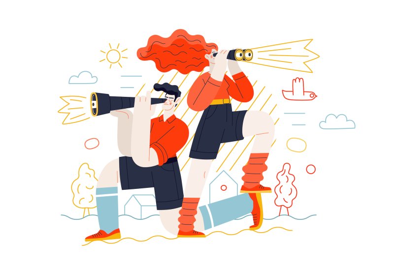 Illustration of two people searching through binoculars and a telescope.