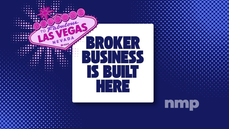 A pink Las Vegas sign, center is a white box with bold text that says "BROKER BUSINESS IS BUILT HERE"