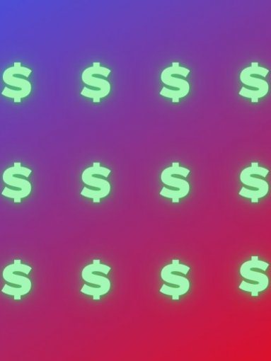Dollar signs arrayed over a red-blue gradient